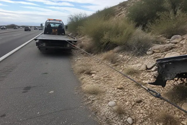 A hydraulic winch line attached to a vehicle on a rocky roadside embankment in Tanque Verde, AZ.