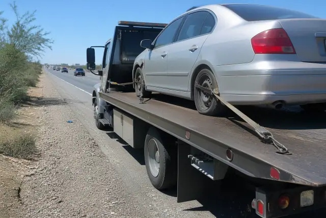 Flatbed tow truck with a secured disabled sedan on a roadside in Tucson, AZ.