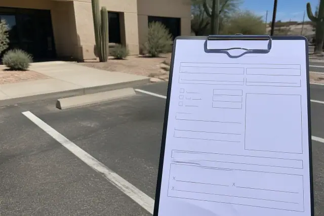 A towing operator's clipboard with a blank authorization form on asphalt in Tucson, AZ, near stucco offices and saguaros.