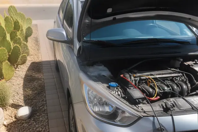 CAN Bus diagnostic wiring being tested under the hood of a car in a Tucson, AZ driveway with prickly pear cacti.