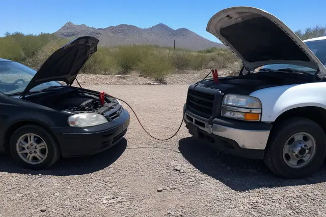 A technician performs a car jump start in a gravel lot in Oro Valley, AZ with mountain silhouettes in the distance.