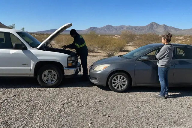 A tow truck technician jump-starting a sedan in a gravel lot in Vail, AZ with mountains in the background.