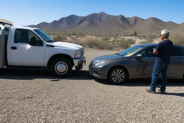 A service truck parked nose-to-nose with a sedan for a jump-start in Green Valley, AZ.