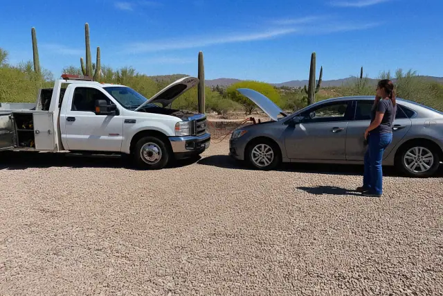 A service vehicle jump-starting a sedan on crushed rock in Casas Adobes, AZ, with saguaro cacti in the background.