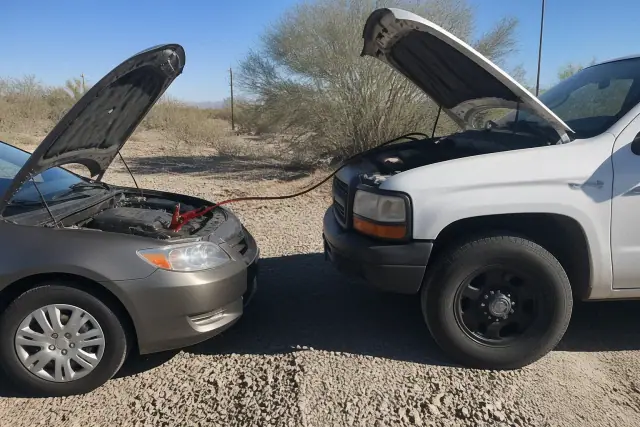 A service truck jump-starting a sedan on a gravel lot in Flowing Wells, AZ, under bright desert sunlight.