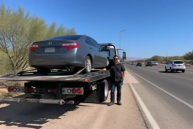 A flatbed truck with a disabled sedan secured on the deck parked on a busy road in Sahuarita, AZ.