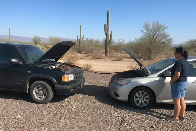 A technician's service vehicle parked nose-to-nose with a sedan in a Tanque Verde, AZ gravel lot for a jump start.