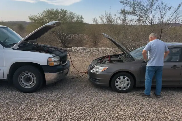 Service vehicle jump-starting a sedan in a gravel lot surrounded by desert scrub in Drexel Heights, AZ.