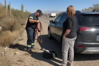 Technician tidying equipment near a car and owner on a gravel shoulder in Tucson, AZ, with saguaro cacti.