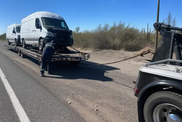 A heavy-duty truck towing a transport trailer parked by a desert road in Tucson, AZ.