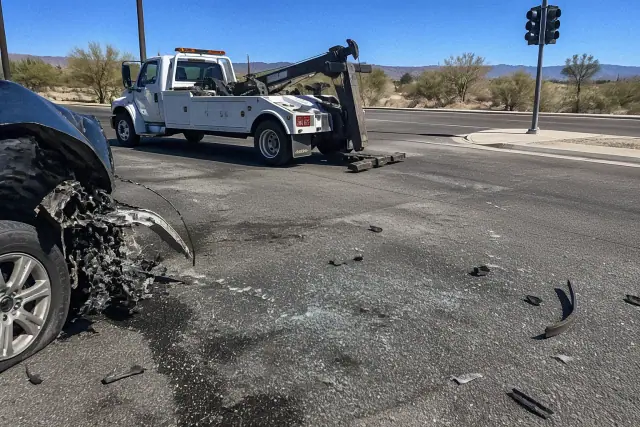 Medium-duty tow truck recovering a damaged vehicle at an asphalt intersection in Tucson, AZ, with debris on the road.