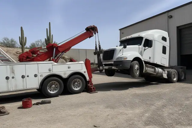 Heavy-duty wrecker truck lifting a commercial semi-truck at an industrial loading bay in Tucson, AZ.