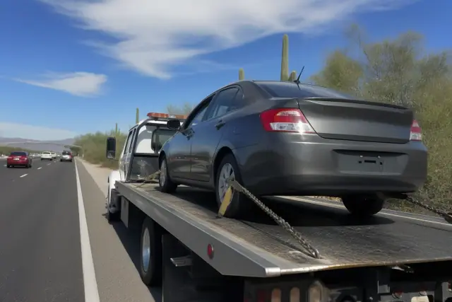 Flatbed tow truck with a secured sedan on a busy road in Tucson, AZ, featuring safety chains and desert vegetation.