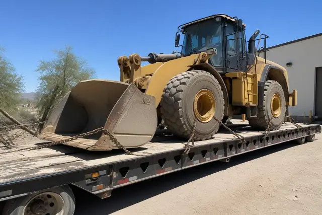 Yellow construction equipment secured with chains on a flatbed trailer at a desert jobsite in Tucson, AZ.