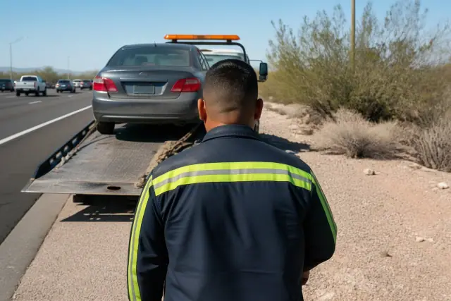A towing professional securing a disabled sedan onto a flatbed truck on a busy highway shoulder in Tucson, AZ.