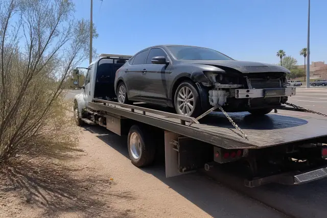 A disabled sedan secured on a flatbed truck on a sunny roadside in Tucson, AZ.
