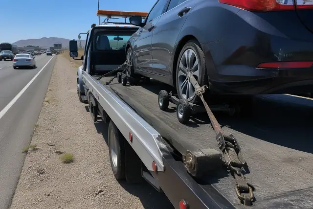 Disabled sedan secured with dollies, winches, and tie-downs on a flatbed truck on a highway shoulder in Tucson, AZ.