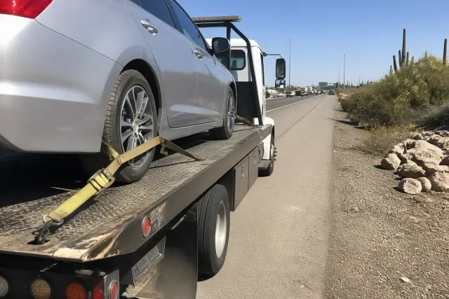 Flatbed truck securing a sedan with heavy-duty straps on a highway shoulder in Tucson, AZ.