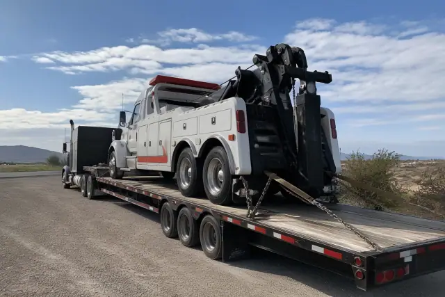 Heavy-duty truck towing a transport trailer at a highway pull-off with Sonoran Desert scenery in Tucson, AZ.