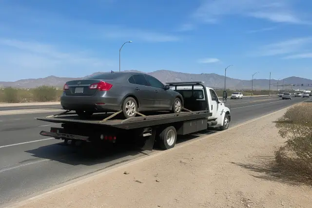 A flatbed truck securing a disabled sedan on a road in Sahuarita, AZ, with desert mountains in the background.