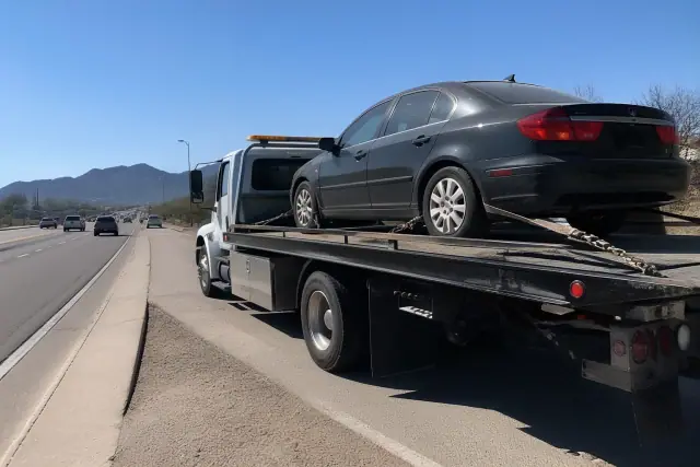 Flatbed tow truck carrying a disabled sedan on the side of a busy road in Vail, AZ with desert mountains in the background.