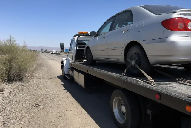 A flatbed tow truck with a disabled sedan on the highway shoulder in Marana, AZ.