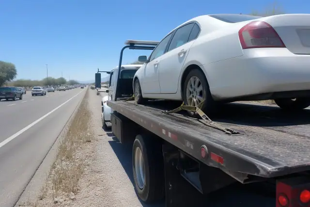 A disabled sedan secured onto a flatbed tow truck on a busy road in Drexel Heights, AZ, with desert scenery.
