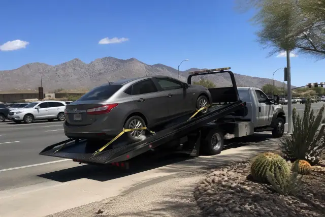 A flatbed tow truck securing a disabled sedan on a road with a mountain backdrop in Casas Adobes, AZ.
