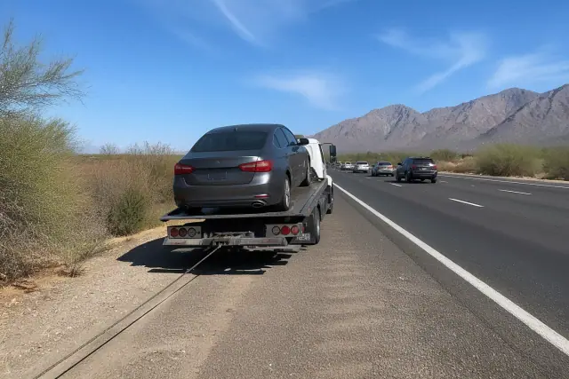 Flatbed tow truck winching a disabled sedan on a highway shoulder in Catalina Foothills, AZ, with desert mountains.