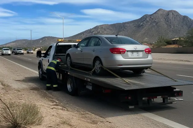 A flatbed tow truck with a disabled sedan secured on the back parked on a busy road in Green Valley, AZ.
