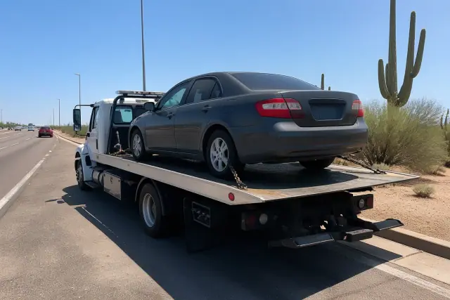 A flatbed tow truck with a disabled sedan secured on the back on a roadside in Flowing Wells, AZ, near saguaro cacti.
