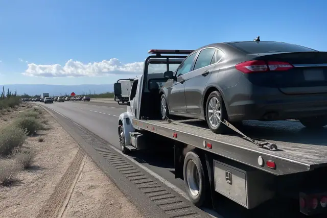A flatbed tow truck carrying a disabled sedan on the side of a road in Oro Valley, AZ, with desert scenery.