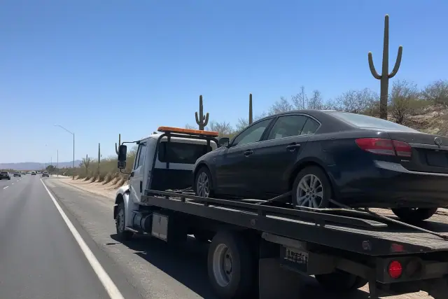 Flatbed tow truck with a disabled sedan on the side of a highway in Tucson, AZ with desert scenery.