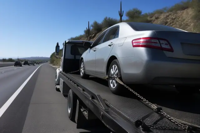 Flatbed tow truck with a secured sedan on a highway shoulder in Tucson, AZ, showing safety chains and a winch cable.