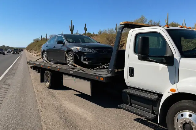 A flatbed tow truck with a disabled sedan on the highway shoulder in Tucson, AZ with desert saguaros in the background.