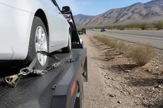 Close-up of chains and straps securing a vehicle to a tow truck on a gravel roadside in Tucson, AZ.