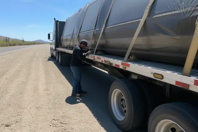 A worker performing a final strap check on a transport trailer at a highway pull-off in Tucson, AZ.
