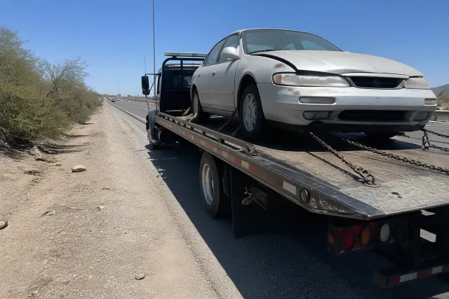 A flatbed truck with a disabled sedan secured by safety chains on a highway shoulder in Tucson, AZ.