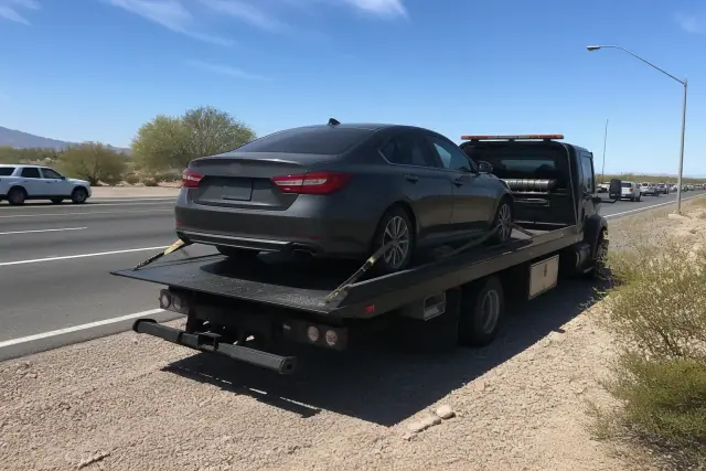 A disabled sedan secured on a flatbed truck on a highway shoulder in Tucson, AZ, surrounded by desert landscape.