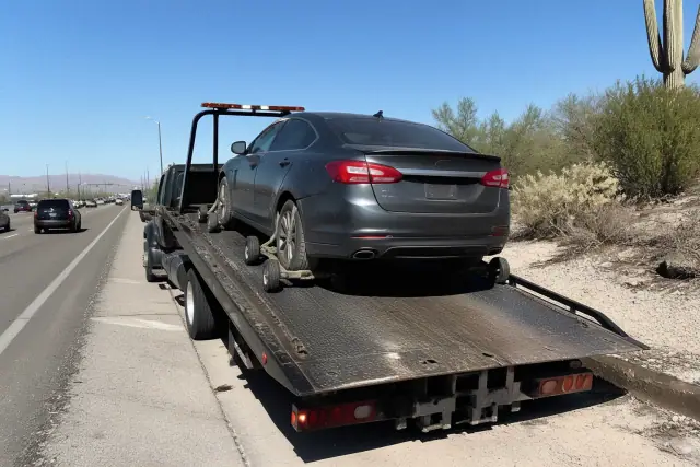 A disabled sedan being loaded onto a flatbed truck using wheel dollies on a road in Tucson, AZ.