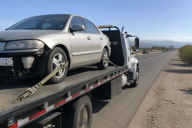 A flatbed truck transporting a disabled sedan on a road in Green Valley, AZ, with desert scenery in the background.