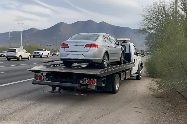 A flatbed tow truck hauling a disabled sedan on a busy road in Tucson, AZ, with desert mountains in the background.