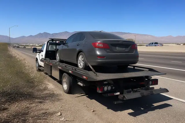 Flatbed tow truck carrying a disabled sedan on a roadside in Tucson, AZ, with desert mountains in the background.