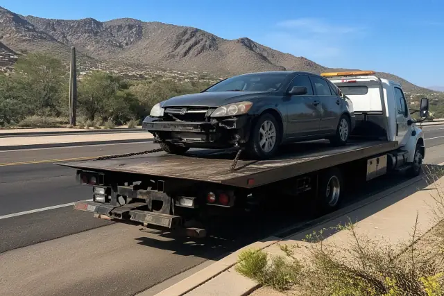 Flatbed tow truck carrying a disabled sedan on a roadside in Catalina Foothills, AZ, with mountain foothills nearby.