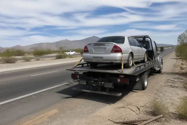A flatbed tow truck with a disabled sedan on the highway shoulder in Sahuarita, AZ with desert mountains in the background.