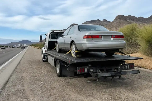 Flatbed tow truck with a disabled sedan secured on the highway shoulder in Vail, AZ with desert mountains in the background.