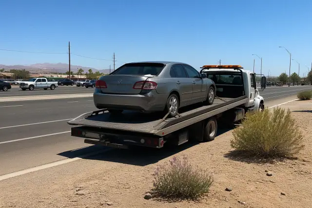 A flatbed tow truck with a secured sedan on a busy road in Flowing Wells, AZ, under bright desert sun.