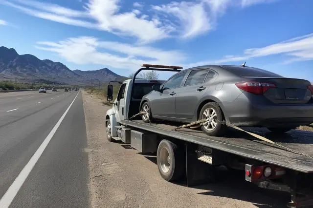 Flatbed truck with a disabled sedan secured on the deck on a roadside in Marana, AZ, with desert mountains in the background.