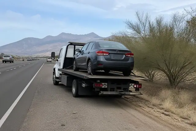A flatbed tow truck with a secured sedan on a highway shoulder in Drexel Heights, AZ, with desert mountains behind.