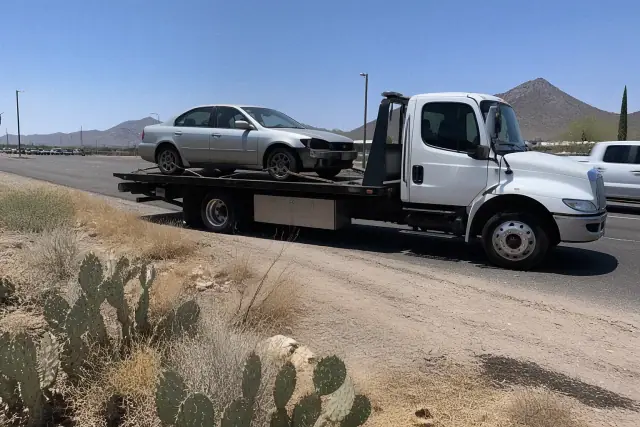 A flatbed tow truck with a disabled sedan on the side of a road in Casas Adobes, AZ, with desert mountains in the background.